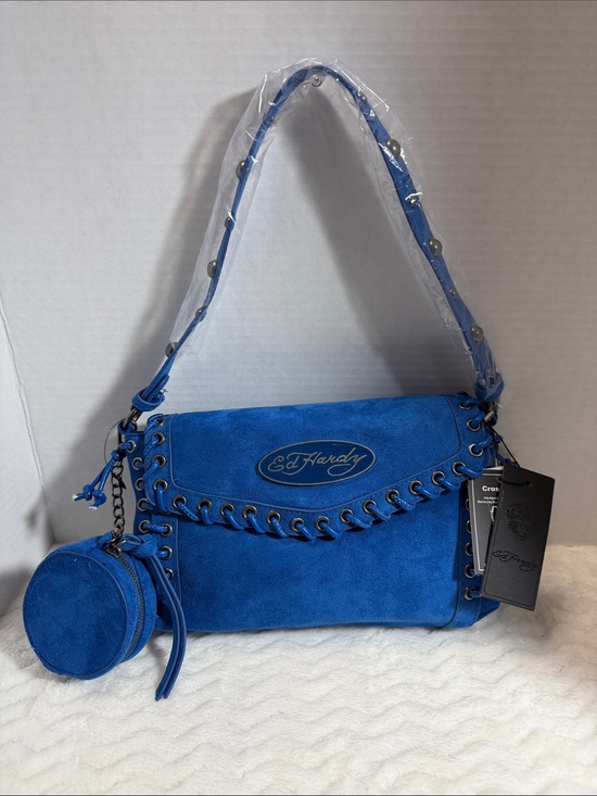 Ed Hardy Handbags - Ed Hardy Blue Suede Shoulder Bag with Round Coin Pouch